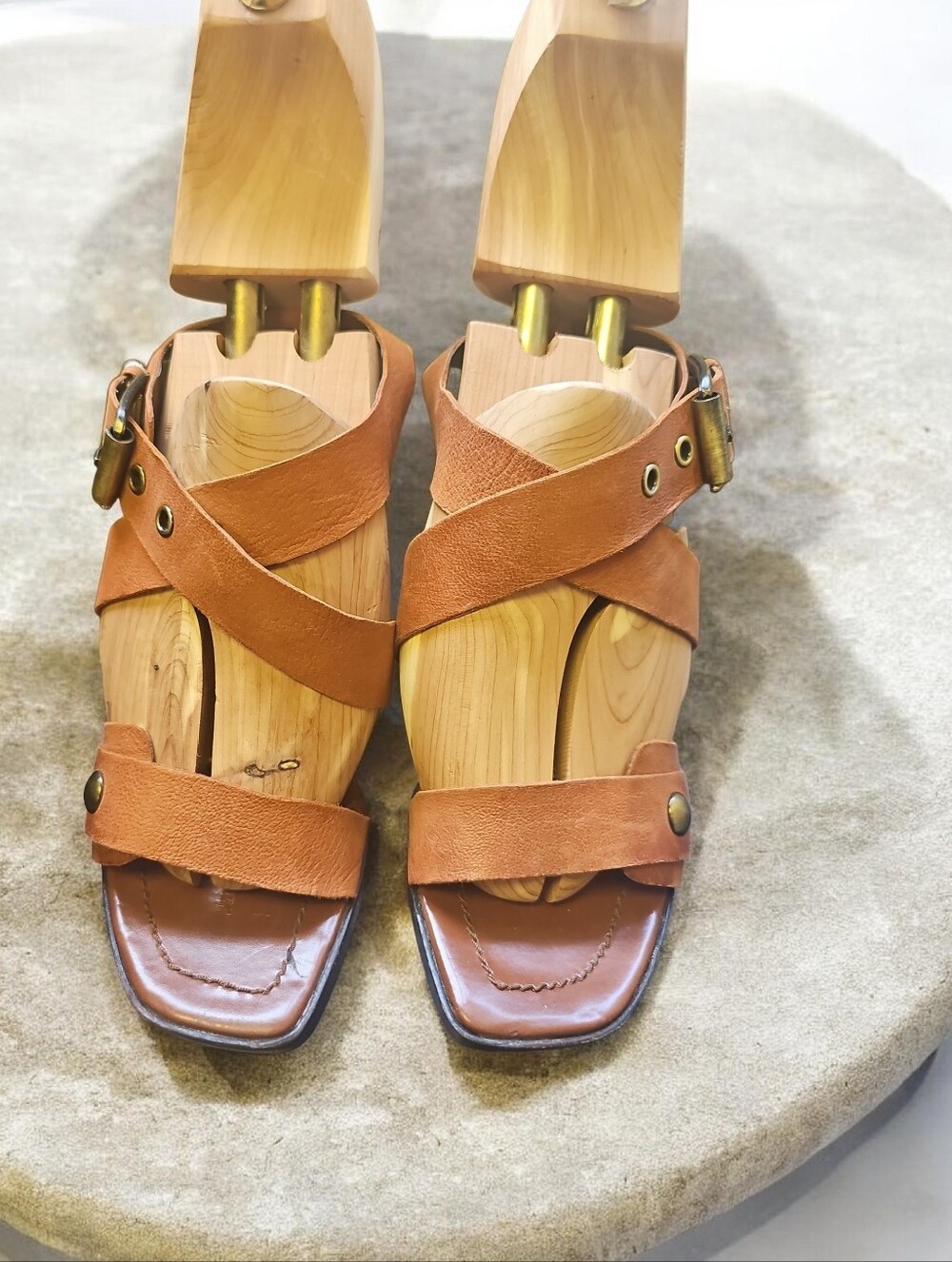 Nine West Cognac Leather Crisscross Strap Sandals